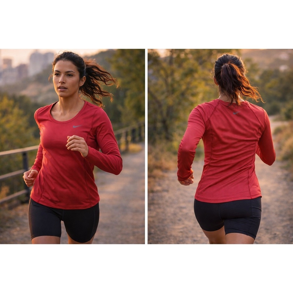 Nike Running Shirt Womens Large Red Dri-FIT Long Sleeve athleisure gorpcore Y2K